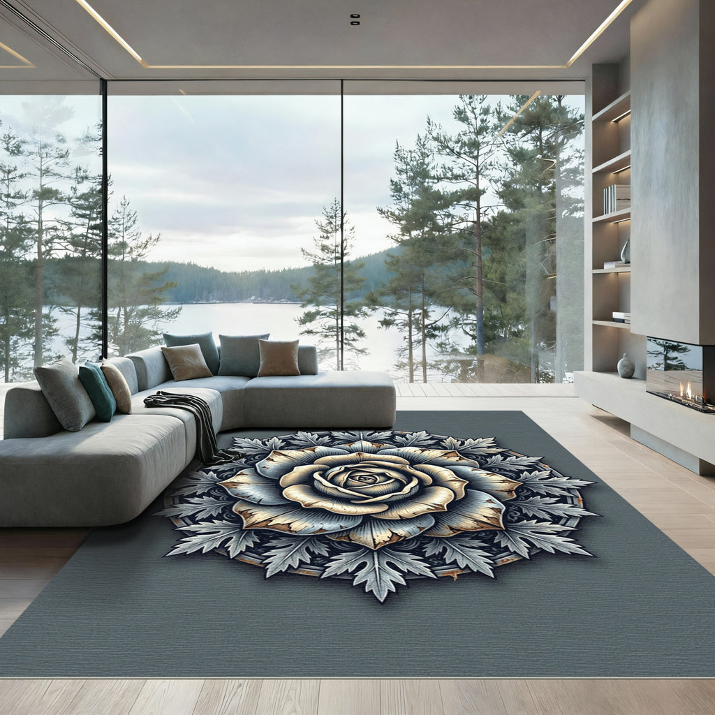 Antique Gray Rose Floral Medallion Rug