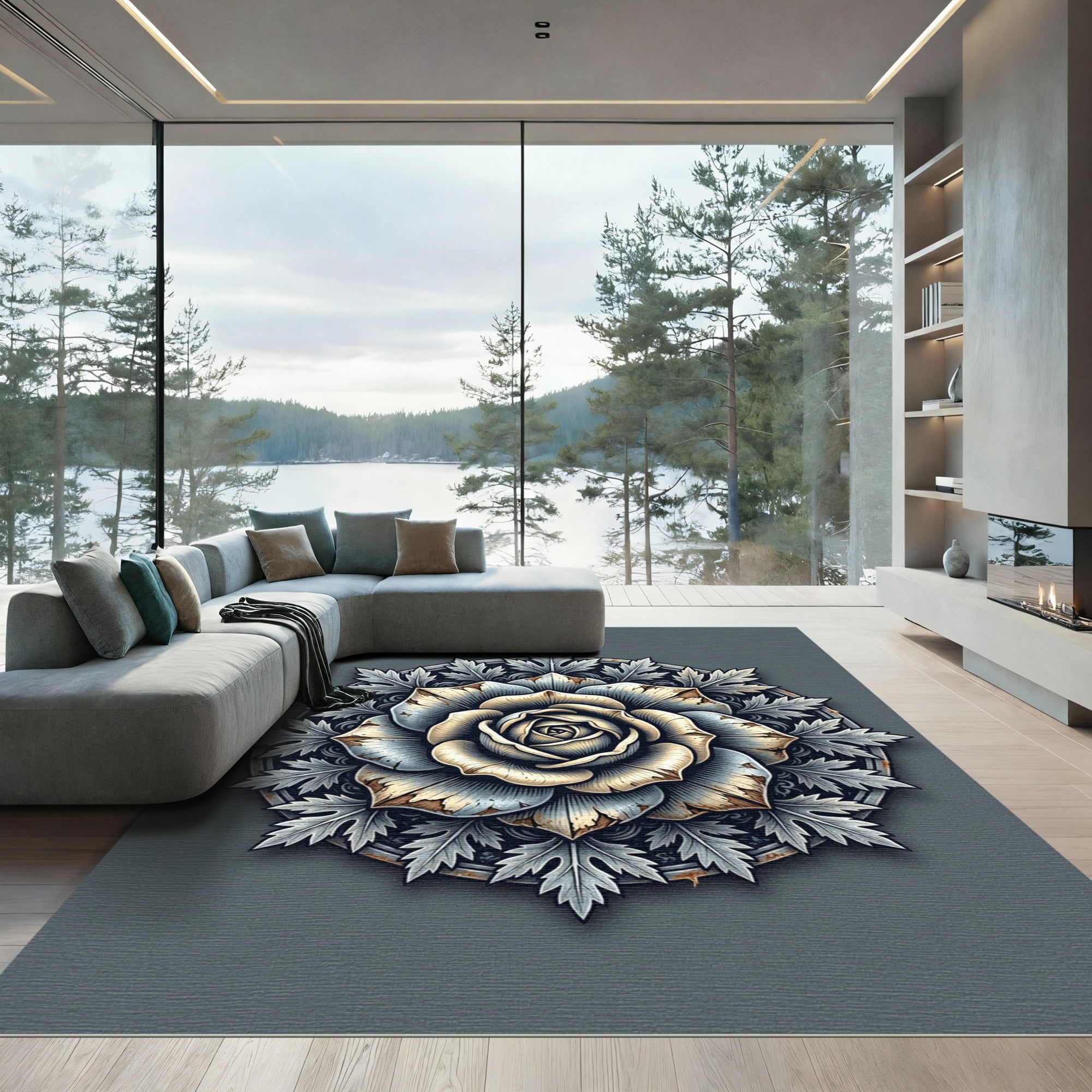 Antique Gray Rose Floral Medallion Rug