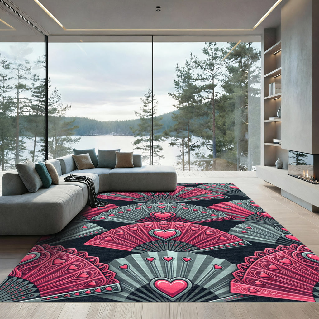 Pink Silver Heart Fan Collection Rug