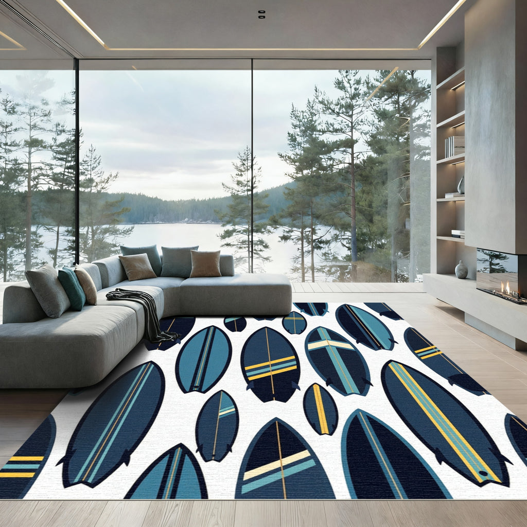Navy Surfboard Geometric Coastal Illustration Rug