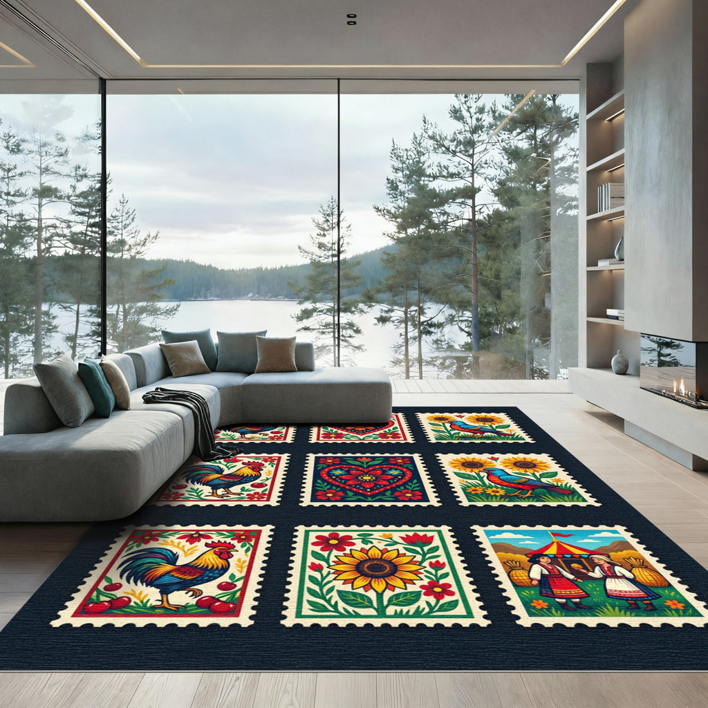 Folk Art Rooster Sunflower Folk Garden Rug