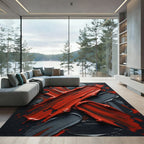 Bold Crimson Black Abstract Brushstroke Rug