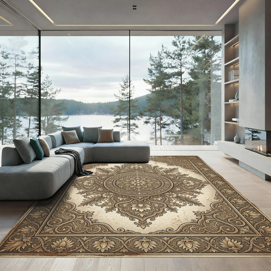 Antique Gold Floral Medallion Borders Rug