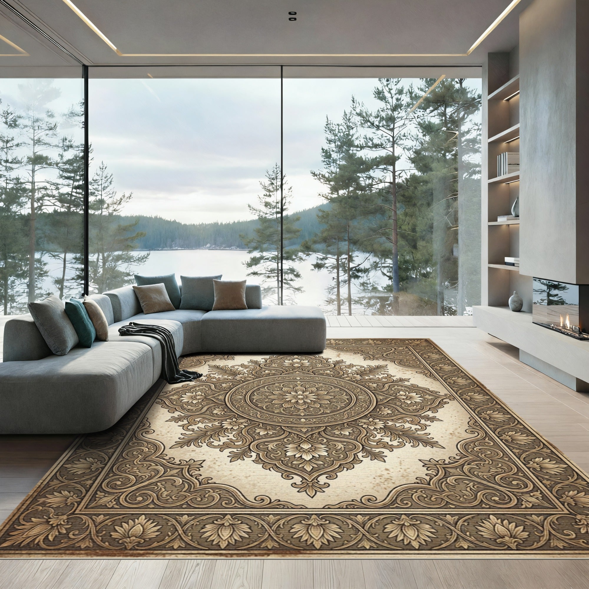 Antique Gold Floral Medallion Borders Rug