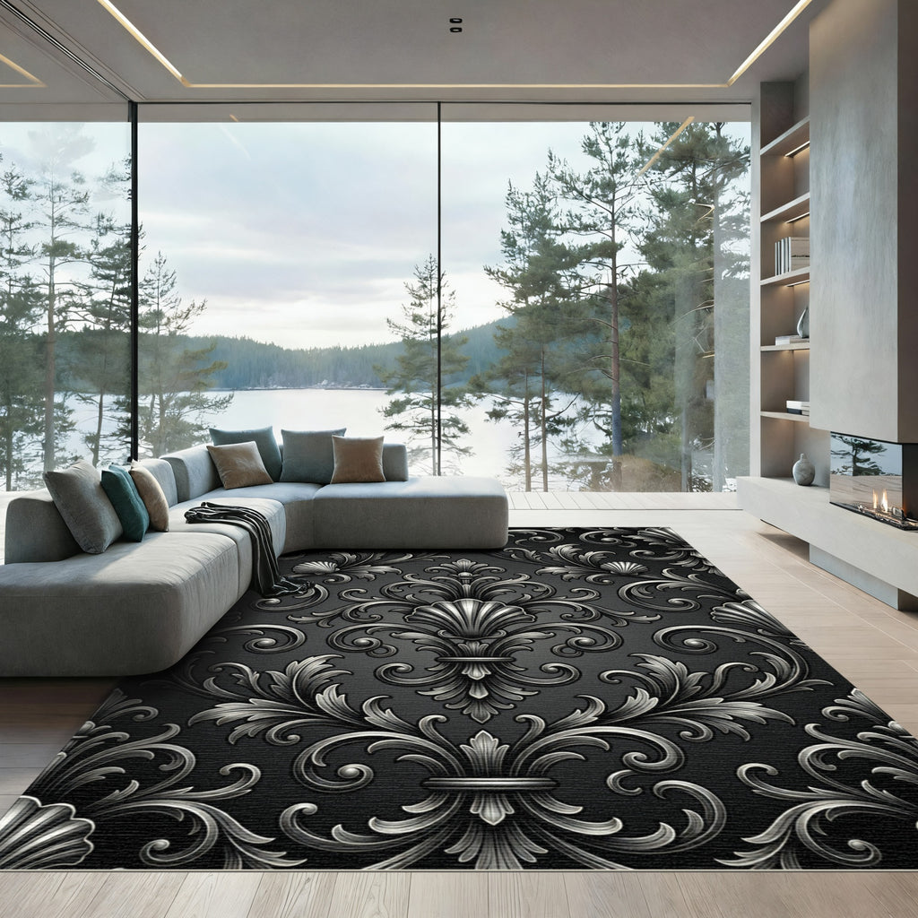 Ornate Silver Escallop Scrollwork Rug