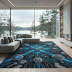 Neon Blue Cyber Circuit Grid Rug
