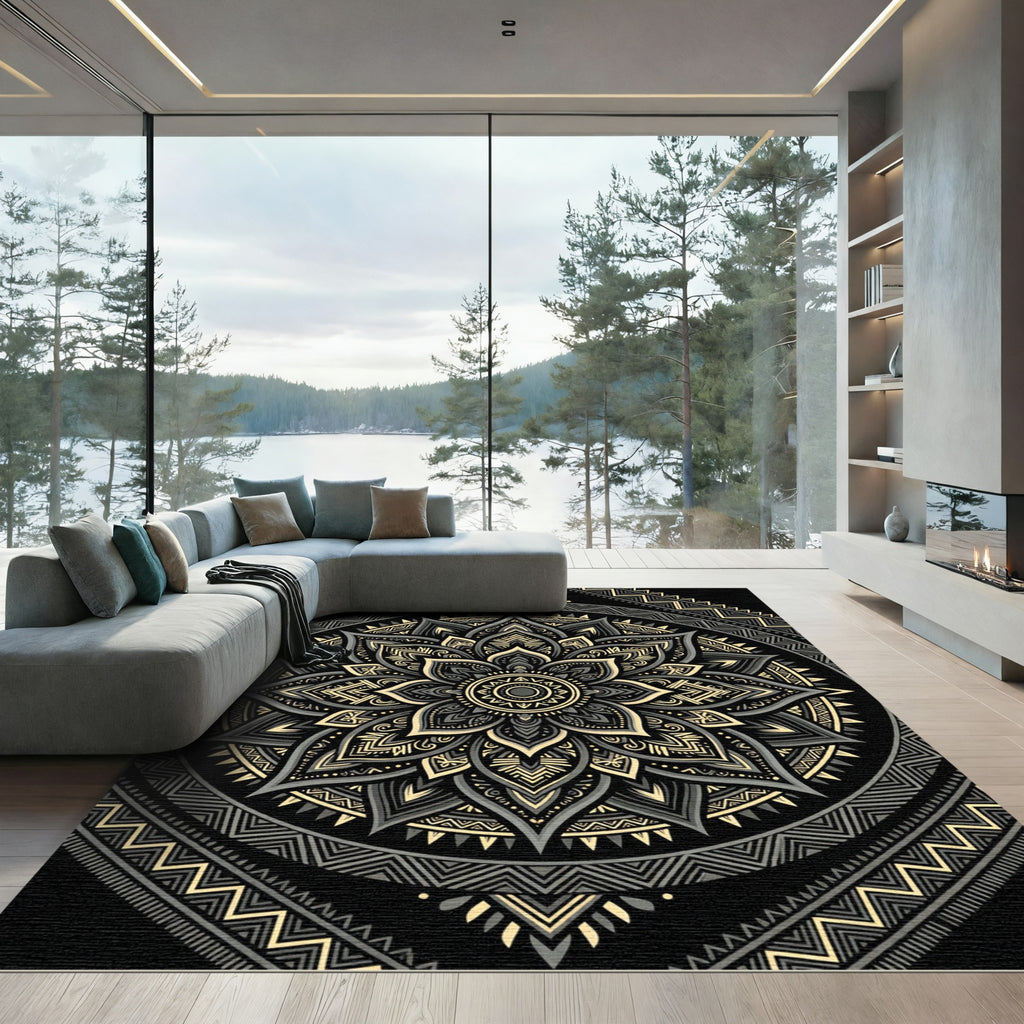 Intricate Gold and Gray Floral Mandala Rug