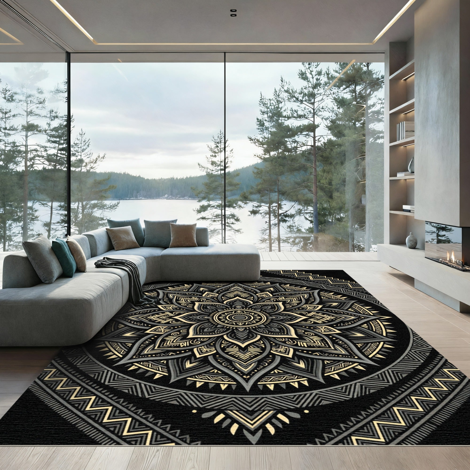 Intricate Gold and Gray Floral Mandala Rug
