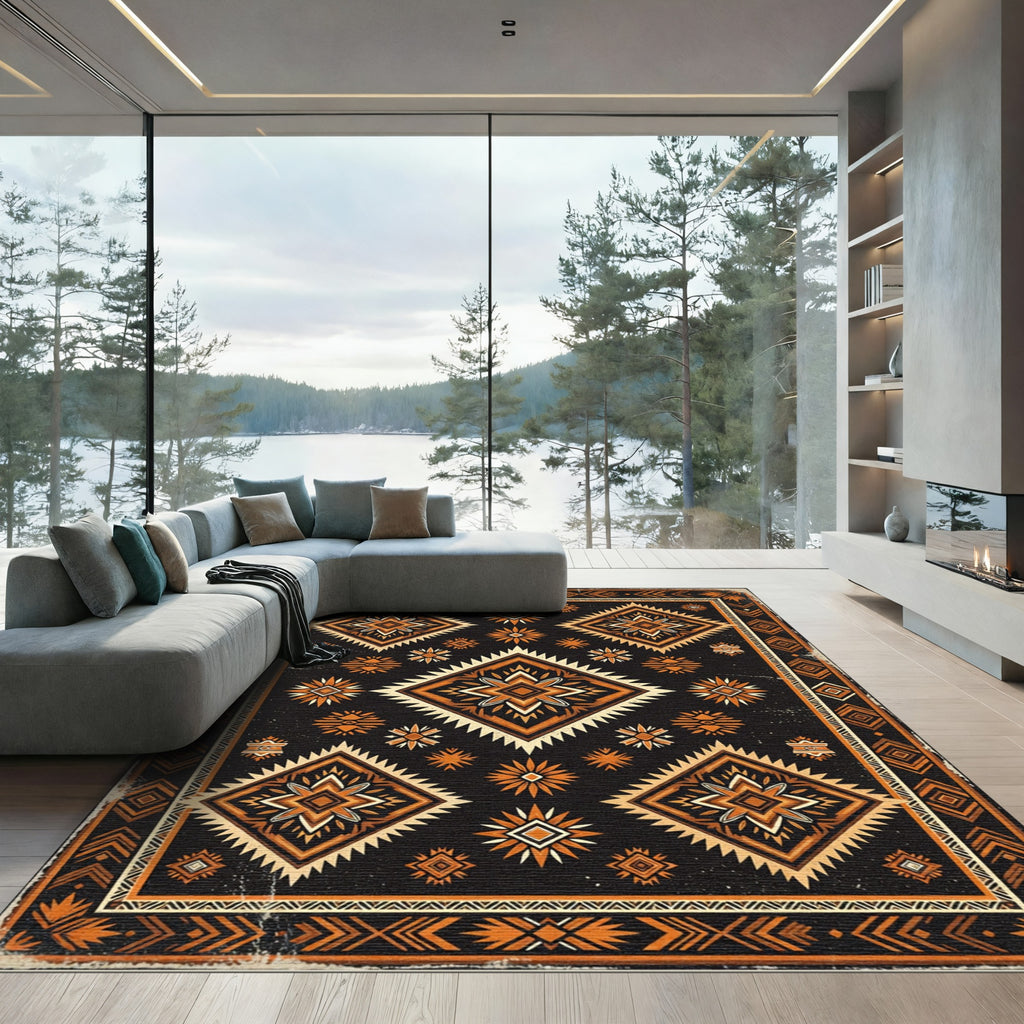 Earthy Black Ochre Tribal Geometric Rug