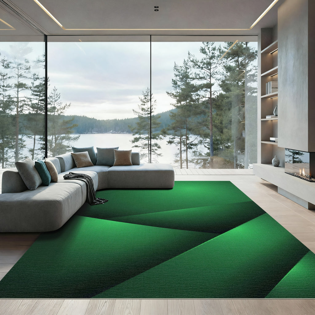 Modern Emerald Green Geometric Layers Rug