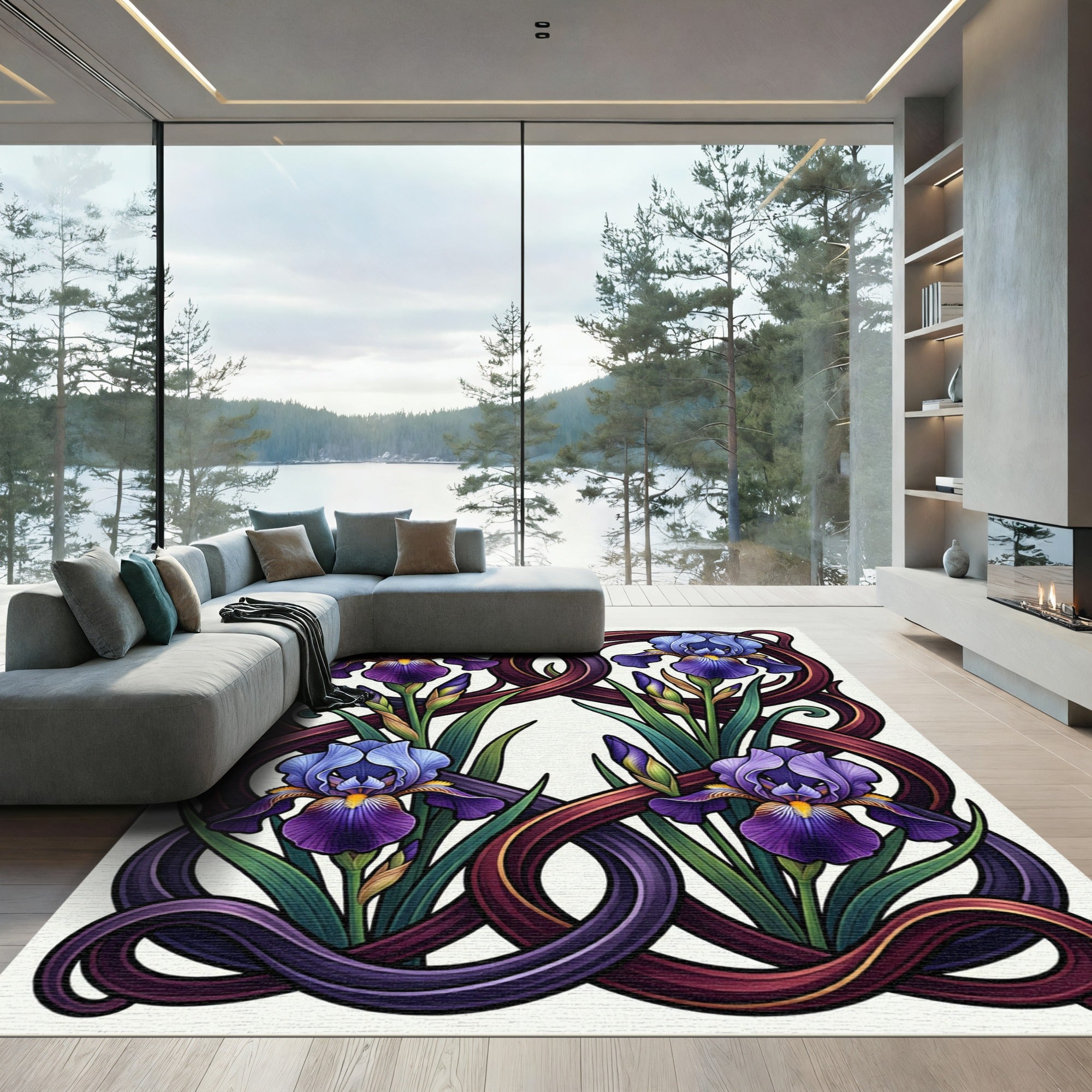 Art Nouveau Iris Floral Border Rug