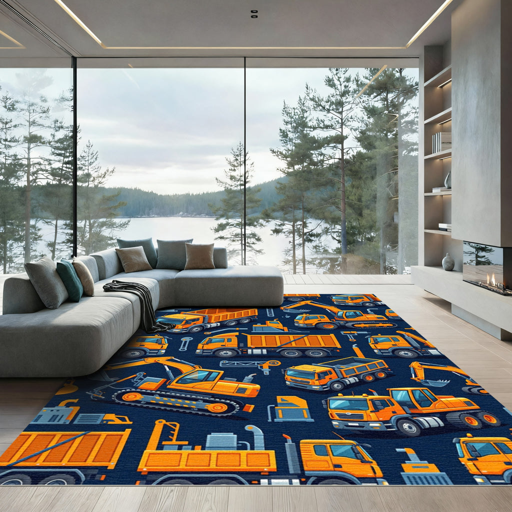 Vibrant Orange Construction Truck Seamless Art Rug