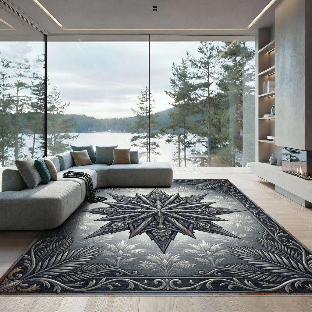 Gothic Silver Rose Star Medallion Rug