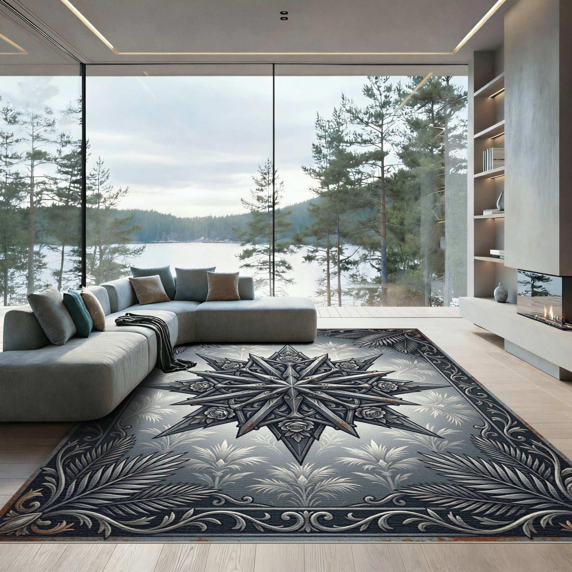 Gothic Silver Rose Star Medallion Rug