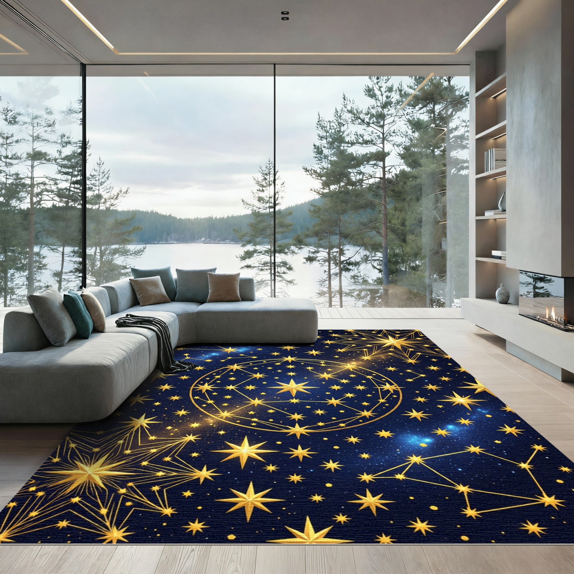 Golden Celestial Star Constellation Night Sky Rug