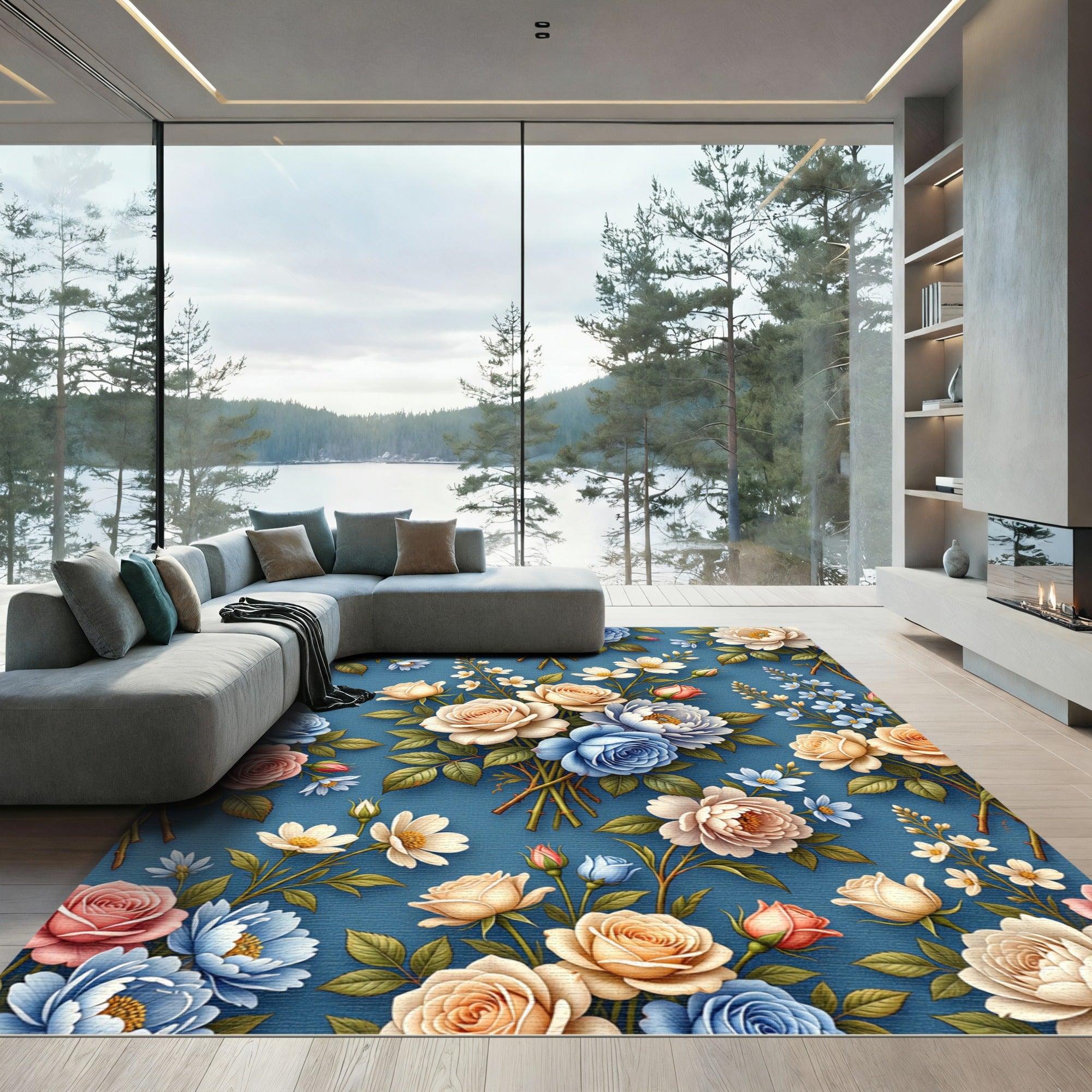 Blue Sky Floral Bouquet Arrangement Rug