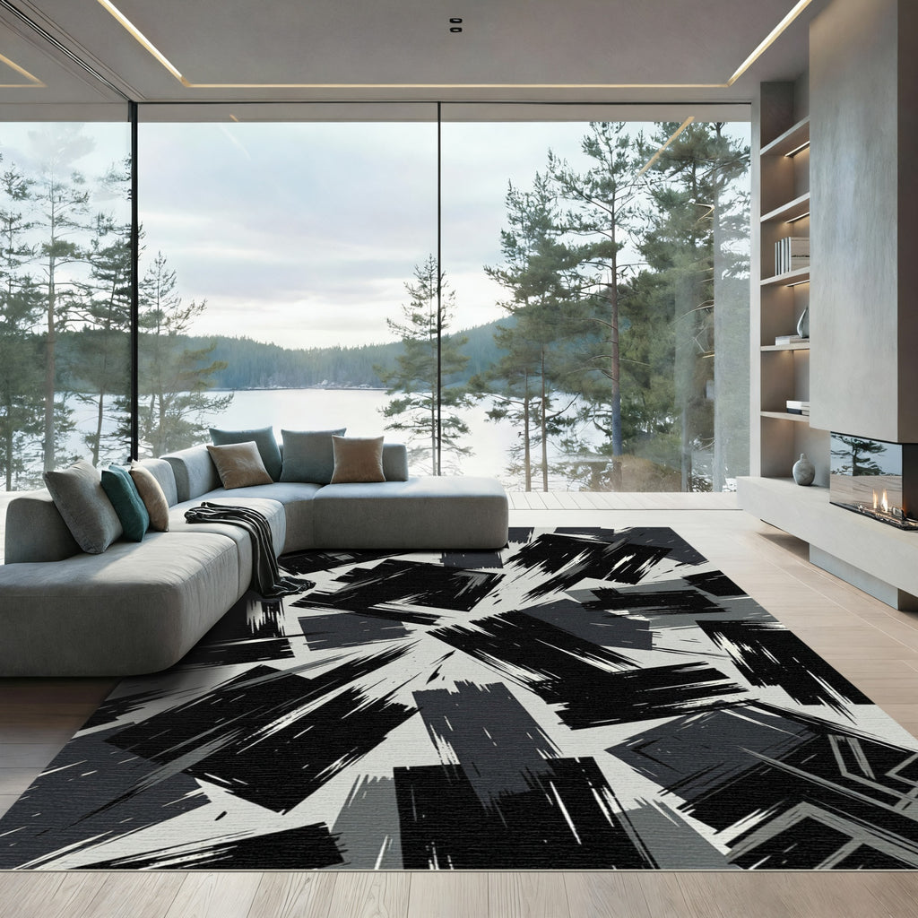 Monochromatic Graphic Brush Stroke Composition Rug