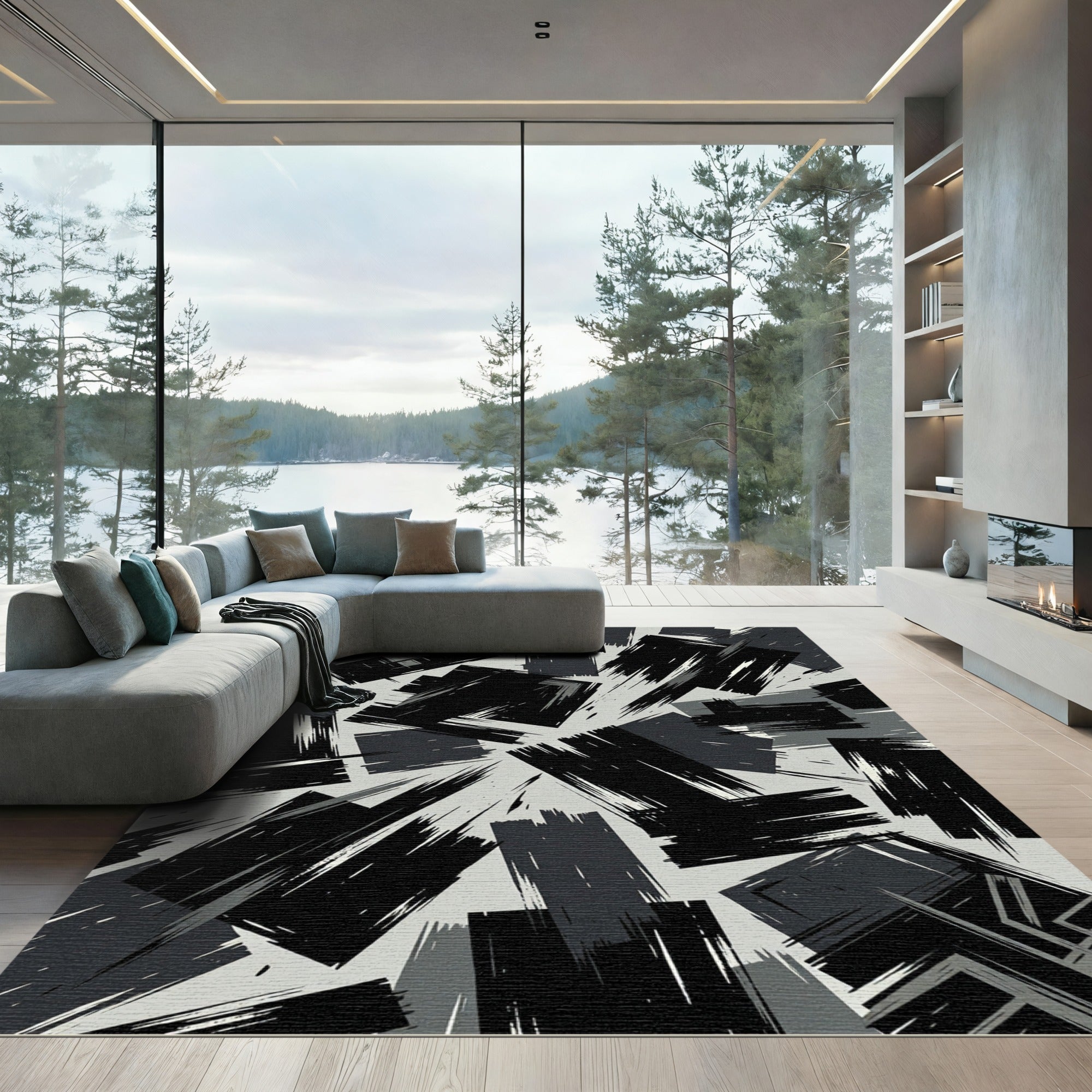 Monochromatic Graphic Brush Stroke Composition Rug