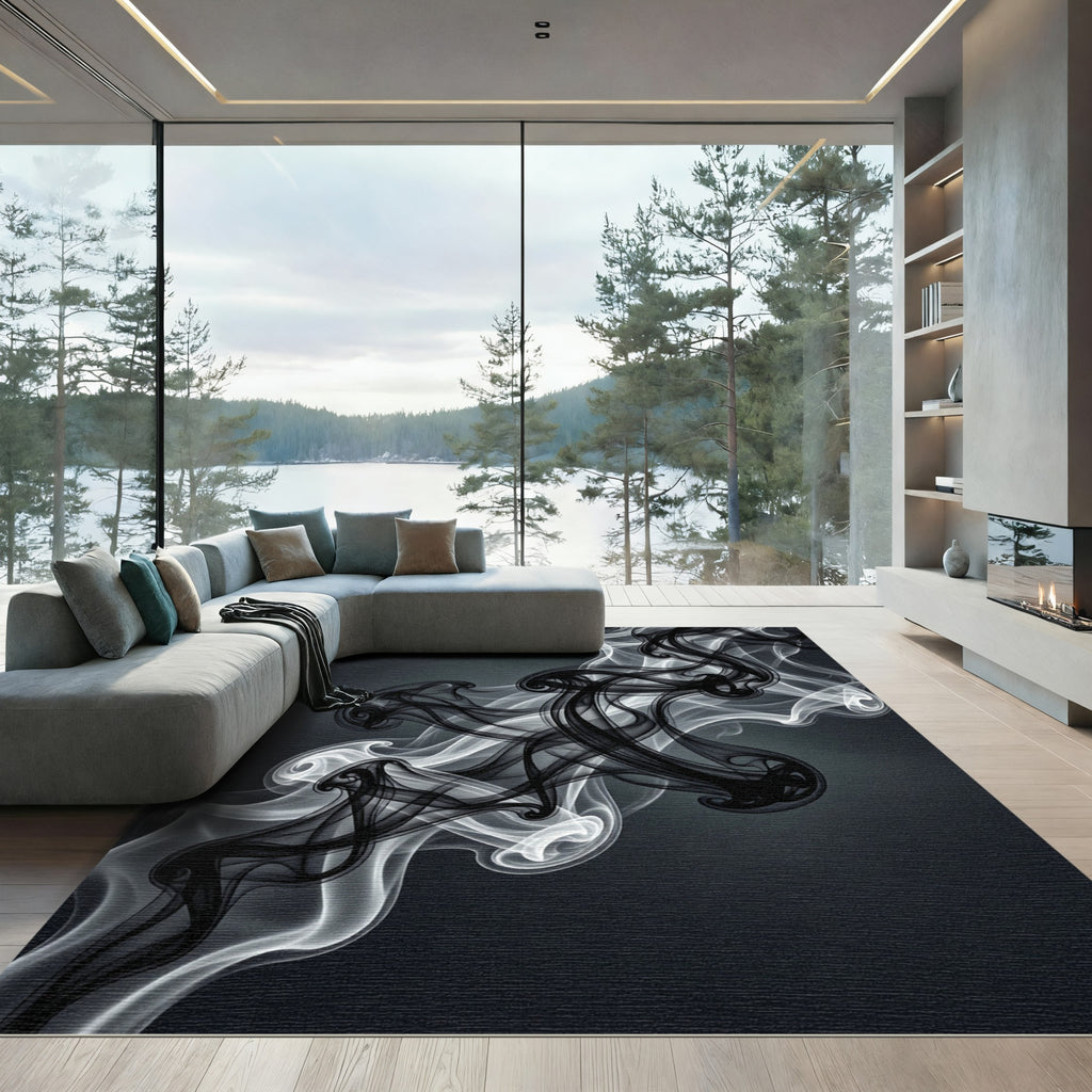 Black White Smoke Swirls Abstract Rug