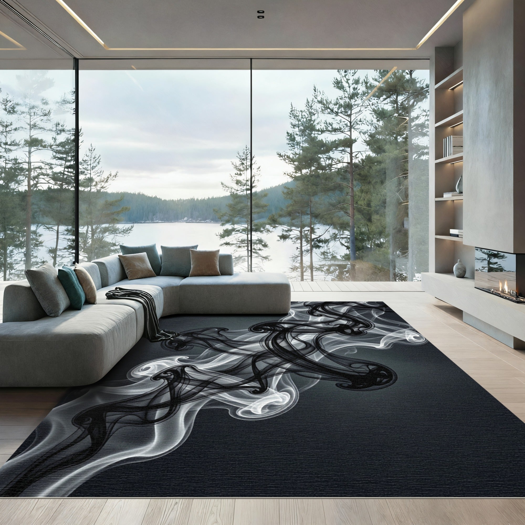 Black White Smoke Swirls Abstract Rug