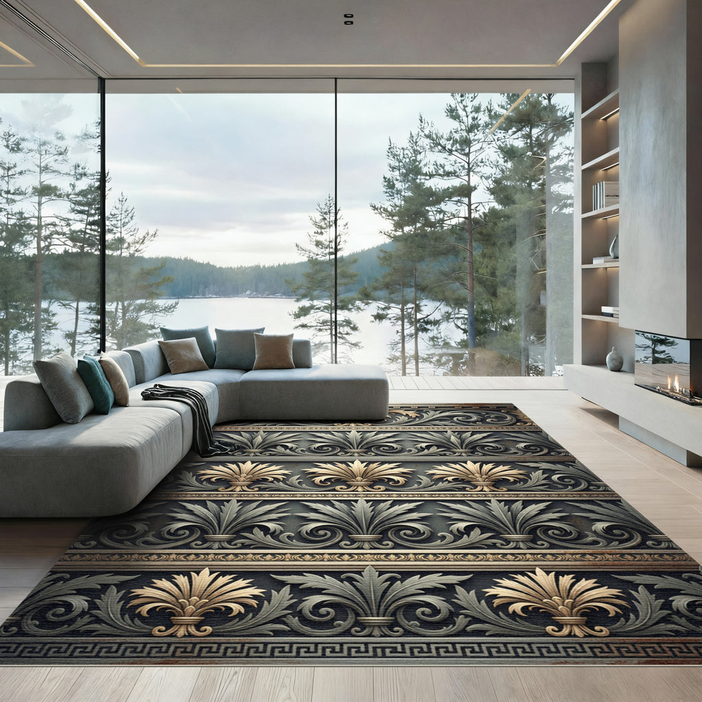 Ornate Gold and Silver Acanthus Scroll Rug