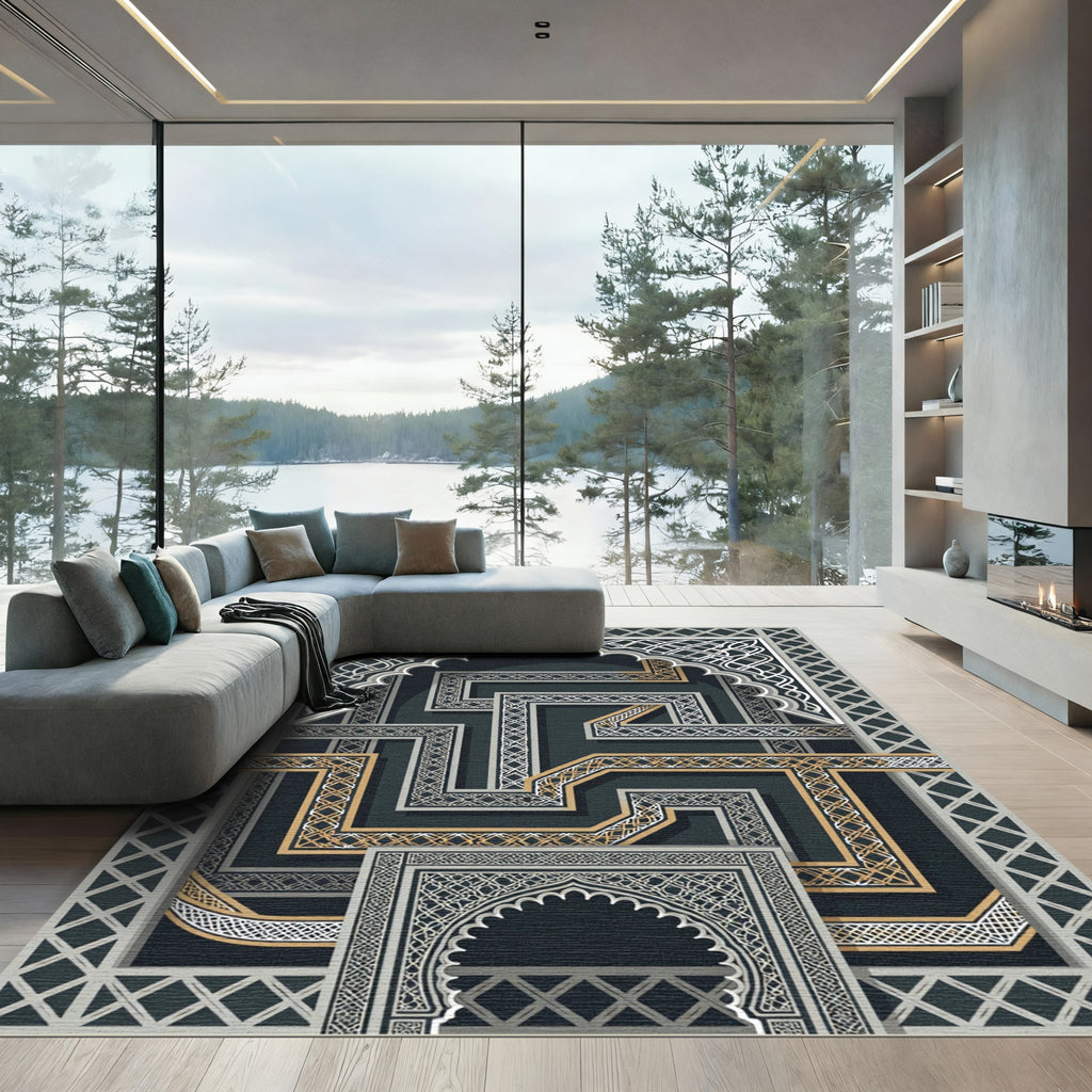 Dark Arched Geometric Gold Maze Rug