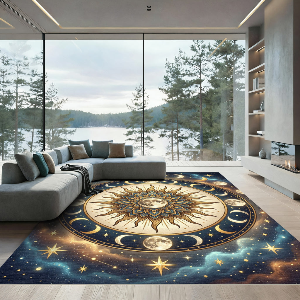Celestial Golden Moon Sun Mandala Rug