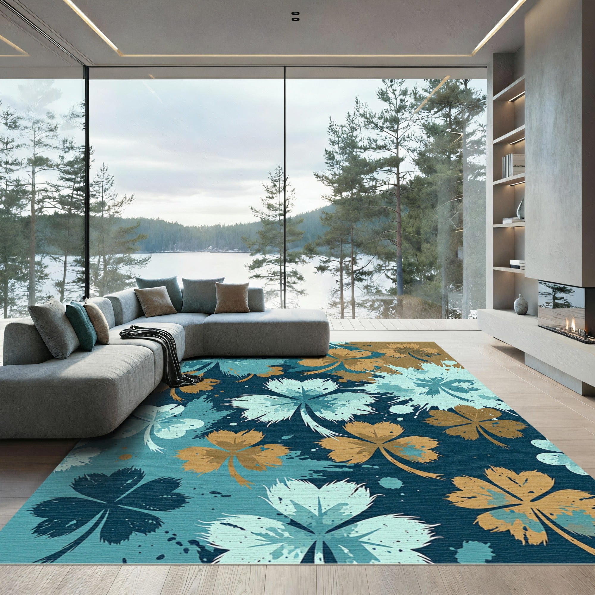 Aqua Gold Clover Splatter Cluster Rug