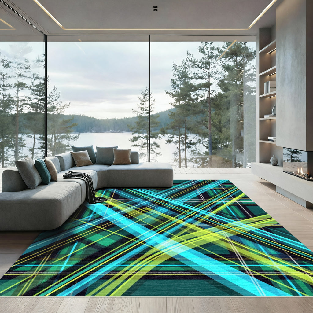 Electric Teal and Lime Plaid Tartan Rug
