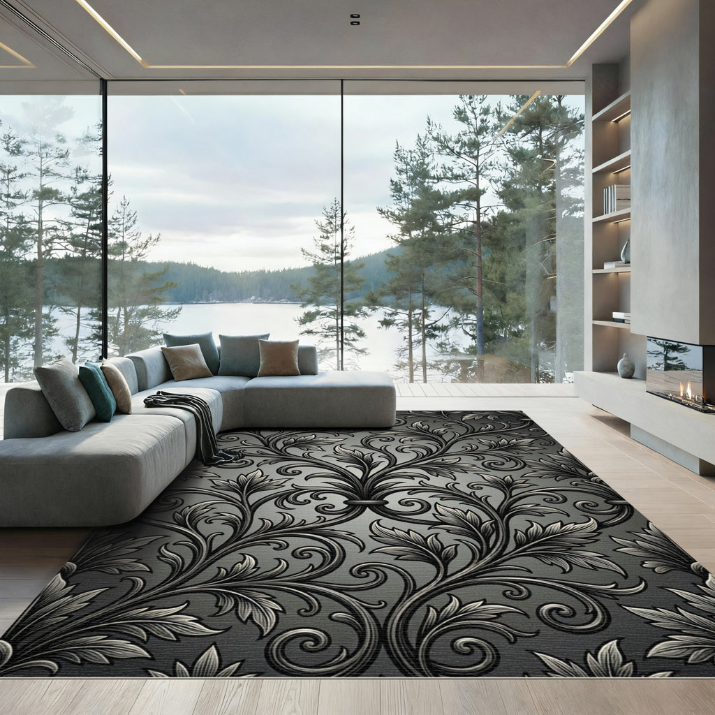 Elegant Black Silver Acanthus Swirl Rug