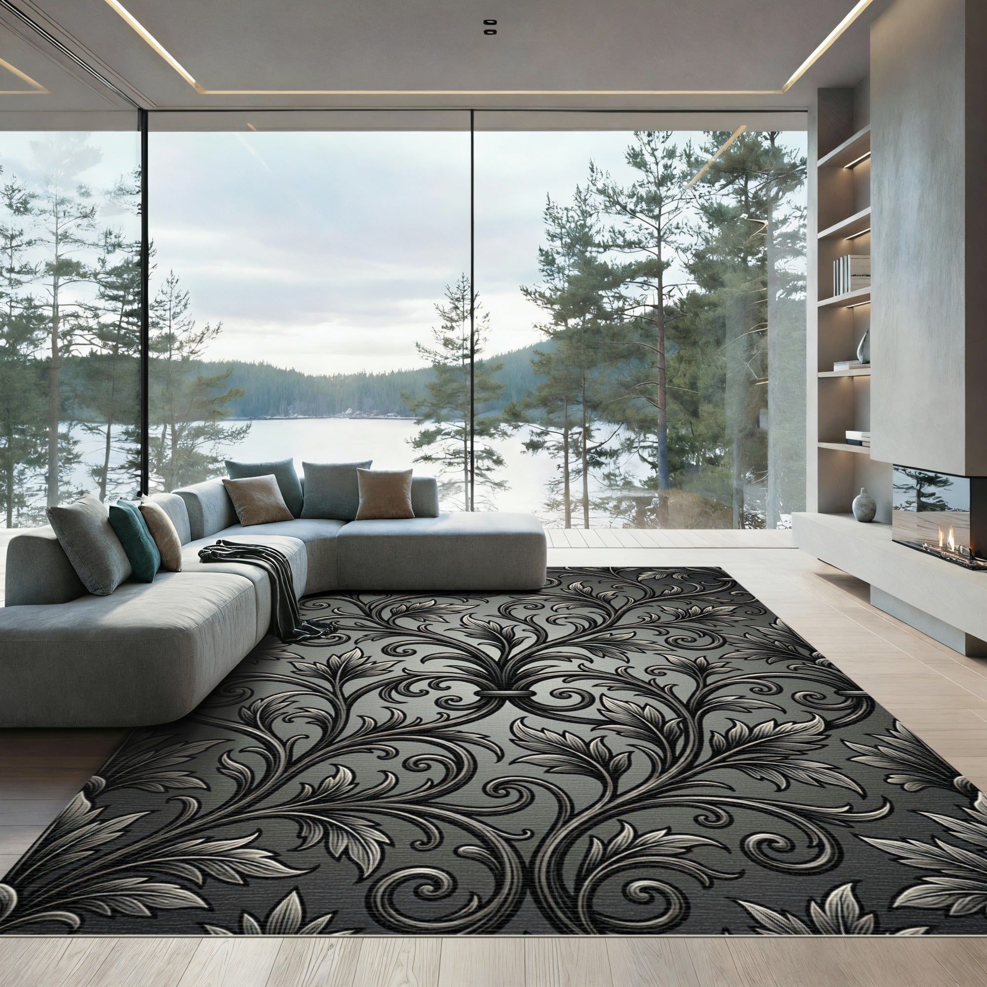 Elegant Black Silver Acanthus Swirl Rug