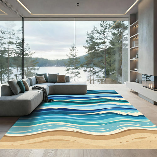 Abstract Blue Wave Ocean Shore Rug