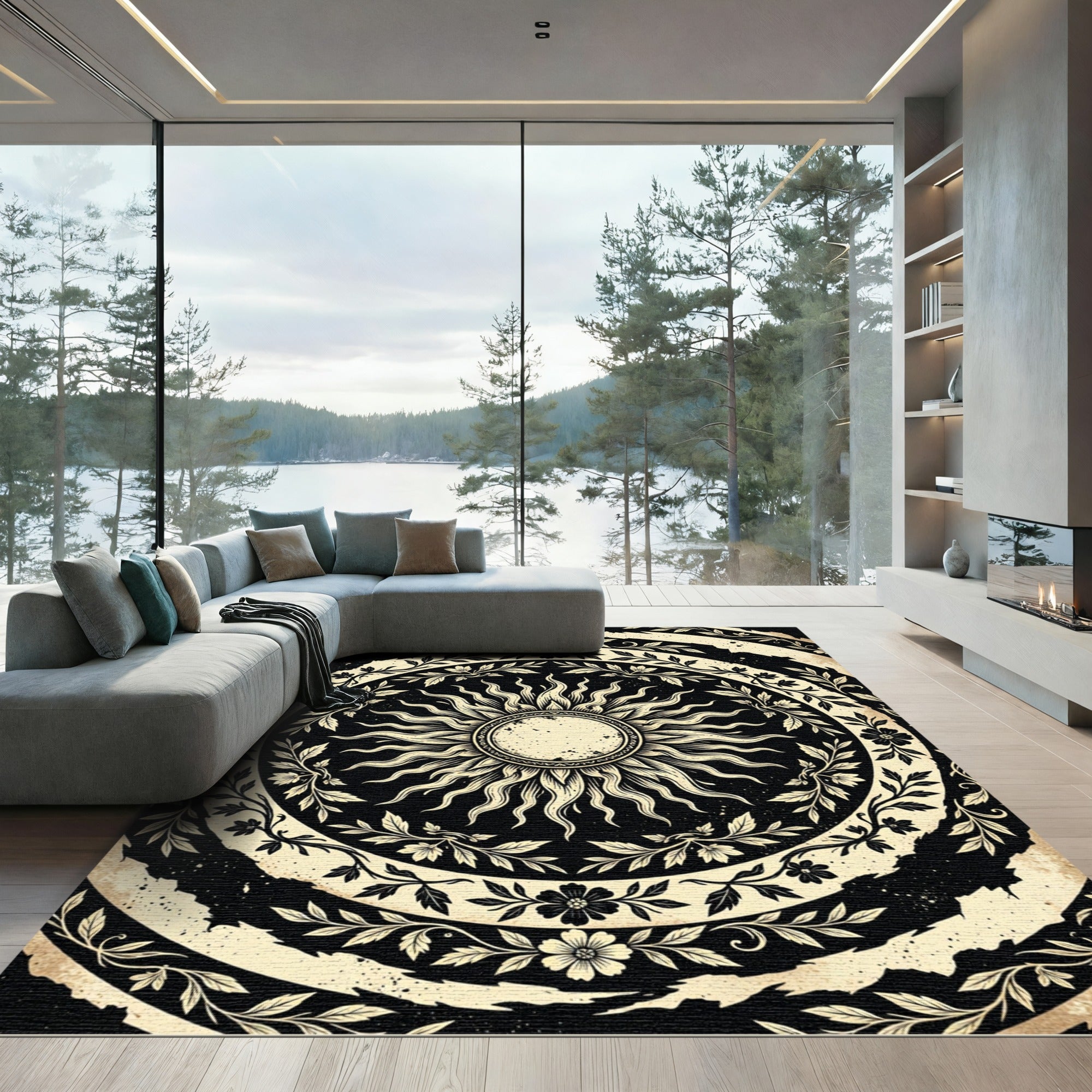 Celestial Sun Floral Cream Black Round Rug