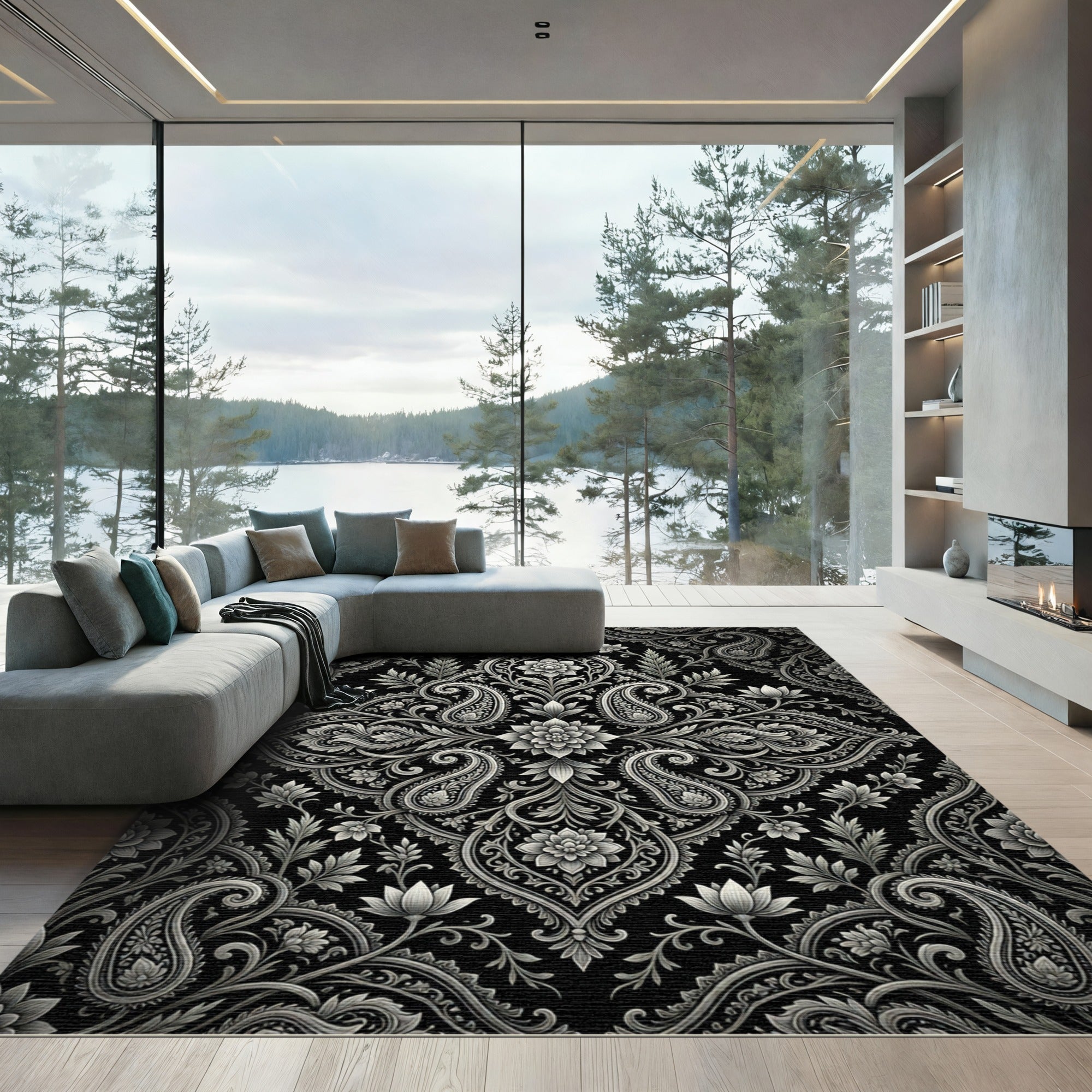 Monochromatic Vintage Paisley Floral Arrangement Rug