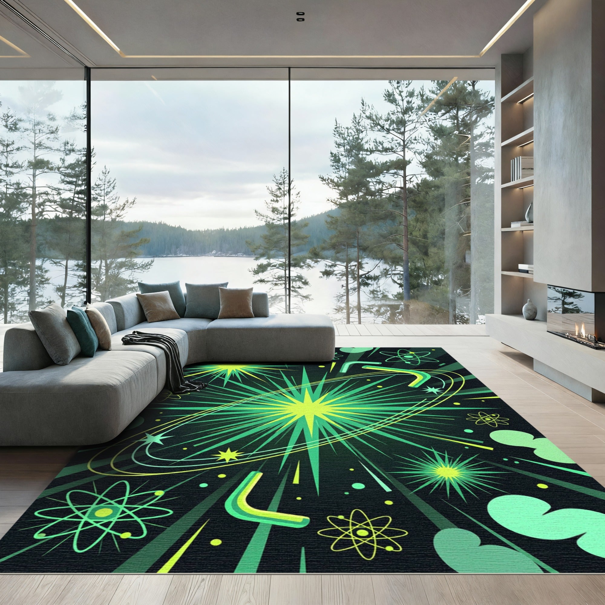 Vibrant Green Atomic Burst Abstract Rug