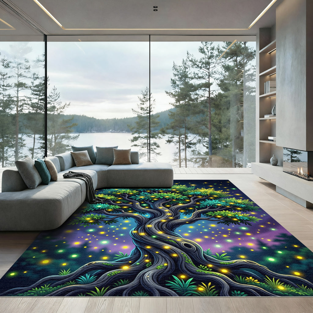 Enchanted Luminous Tree with Glowing Fireflies Rug