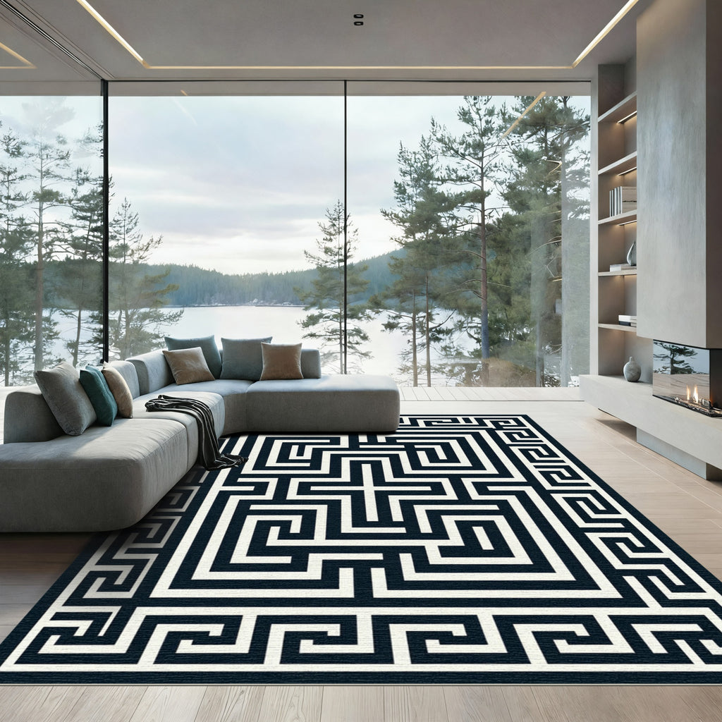 Black White Geometric Maze Border Rug