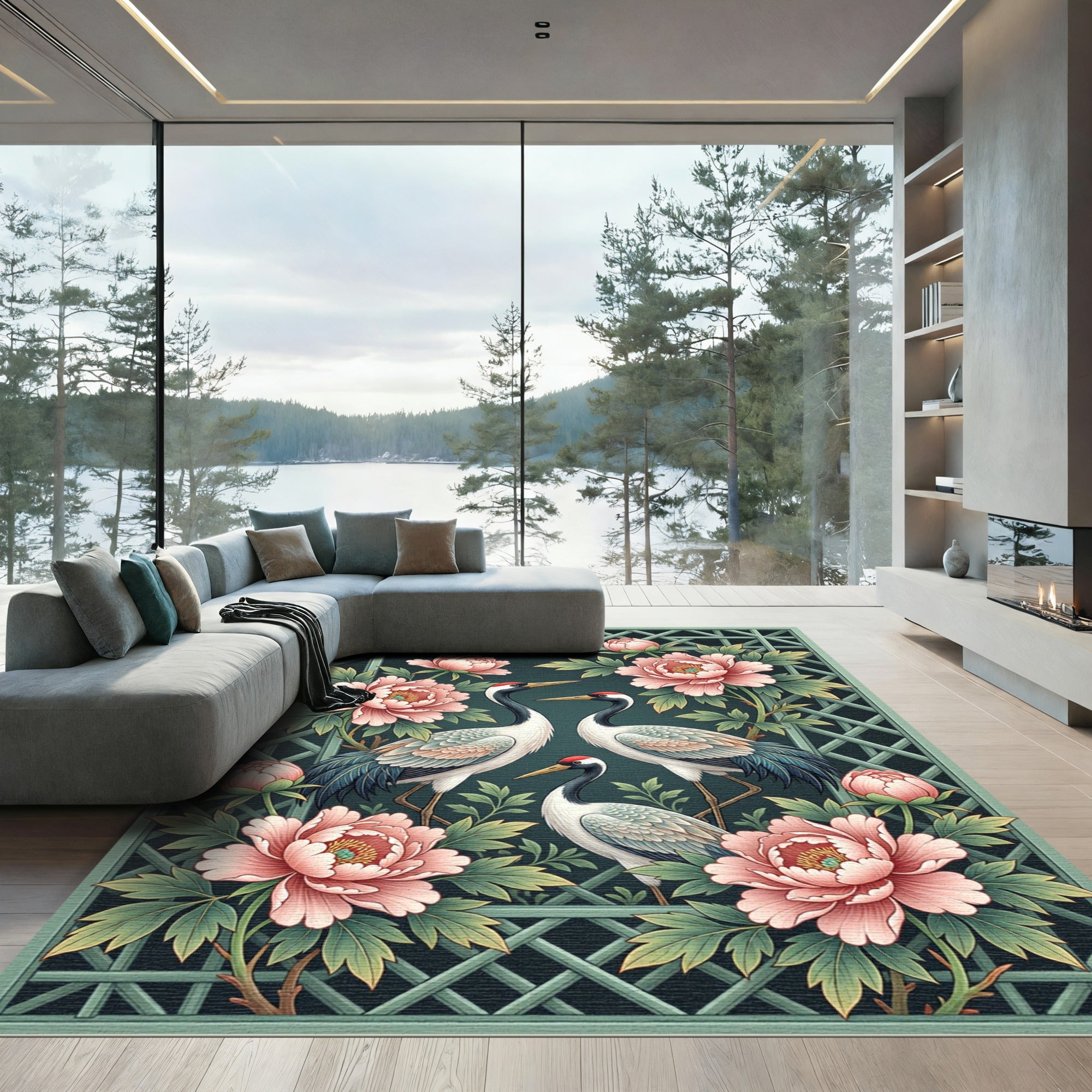 Elegant Cranes and Peonies Teal Rug
