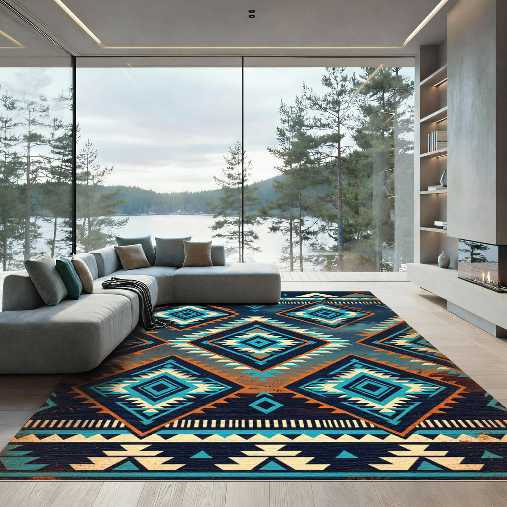 Deep Blue Orange Diamond Tribal Rug