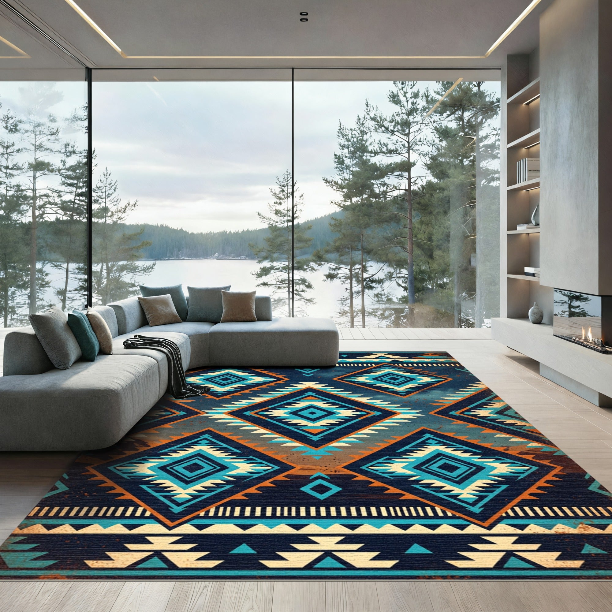 Deep Blue Orange Diamond Tribal Rug