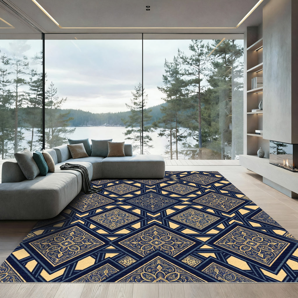 Navajo Blue Geometric Diamond Medallion Rug
