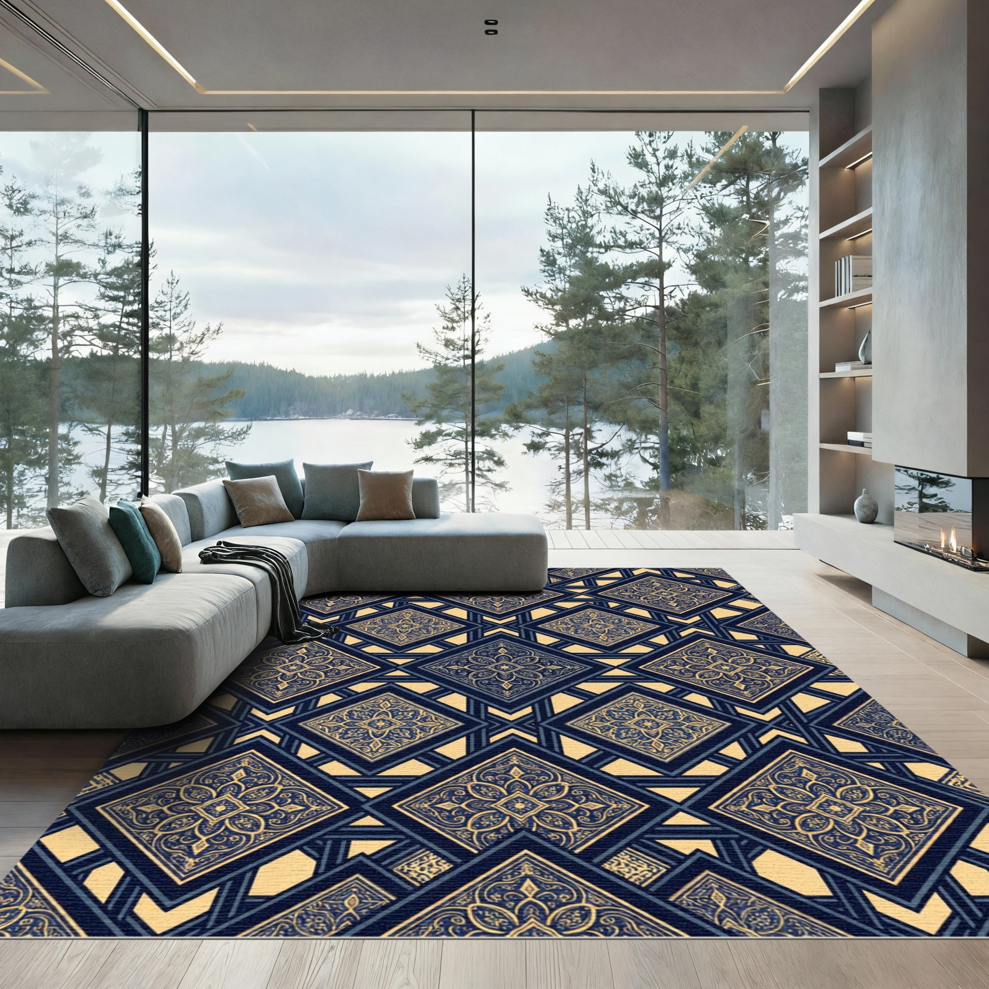 Navajo Blue Geometric Diamond Medallion Rug