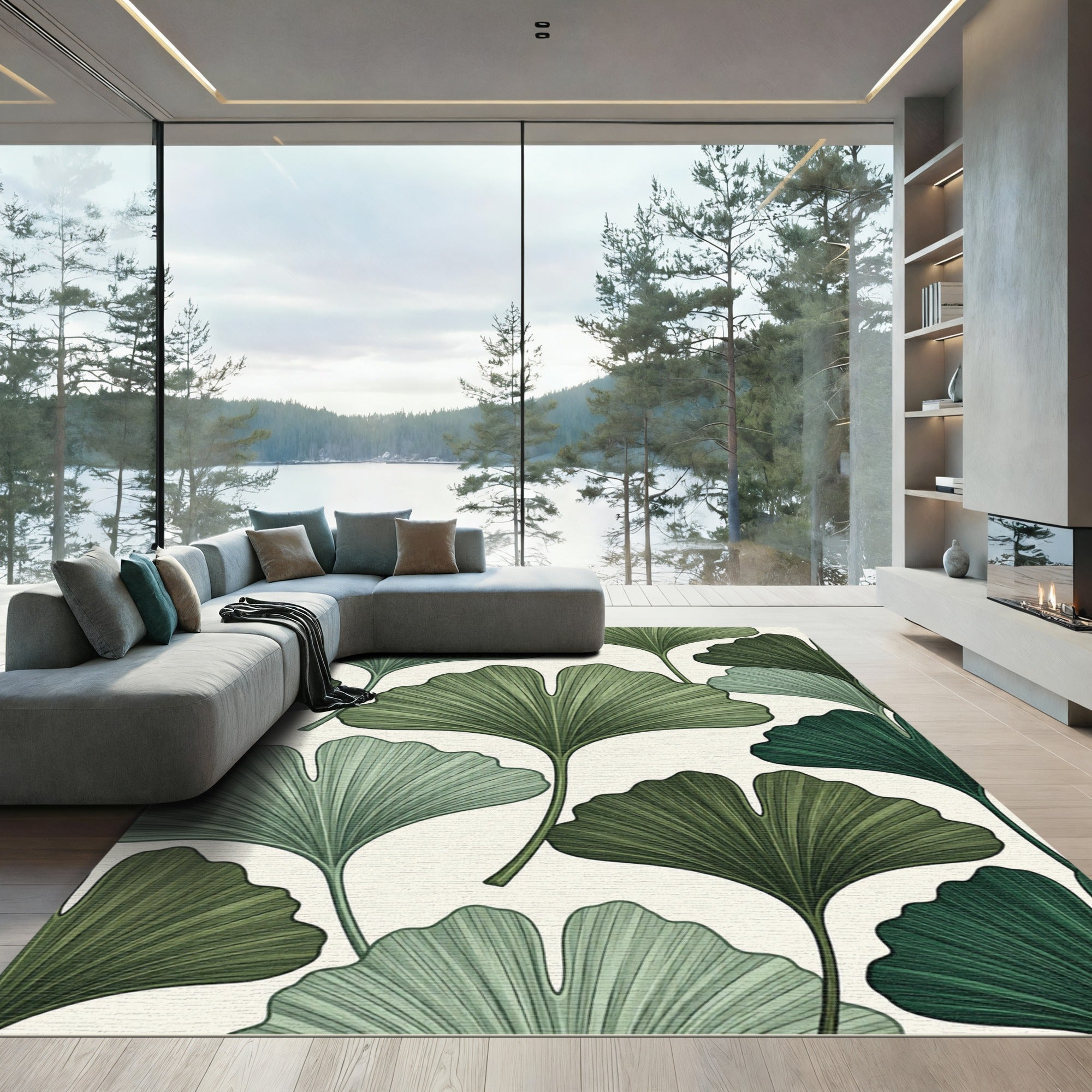 Botanical Ginkgo Leaf Forest Green Rug