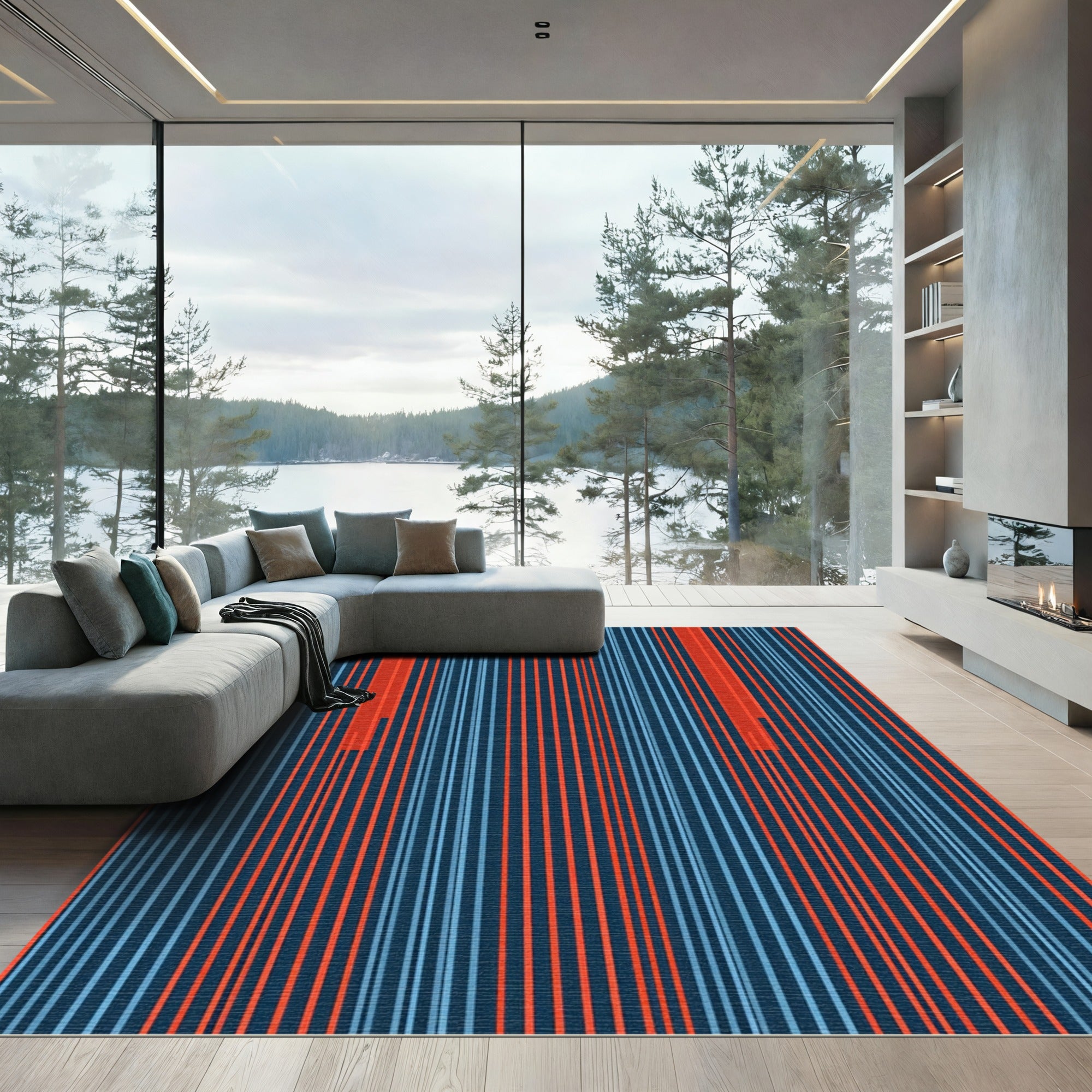 Bold Red Blue Vertical Stripe Rug