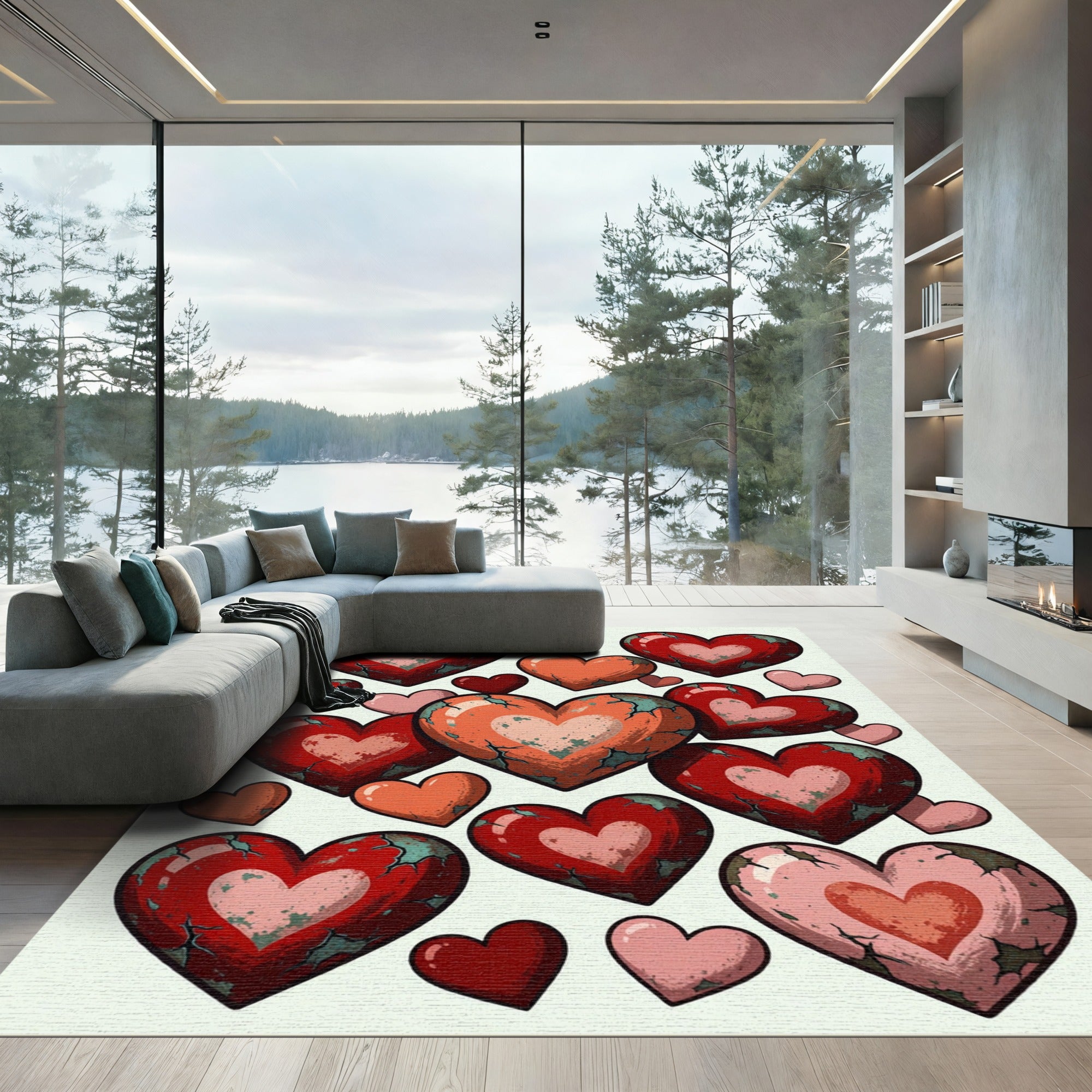 Distressed Crimson Heart Collage Rug