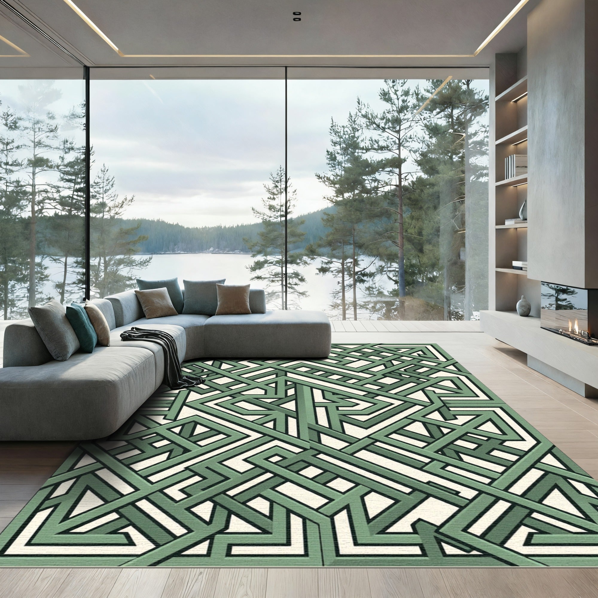 Sage Green Geometric Interlocking Maze Rug