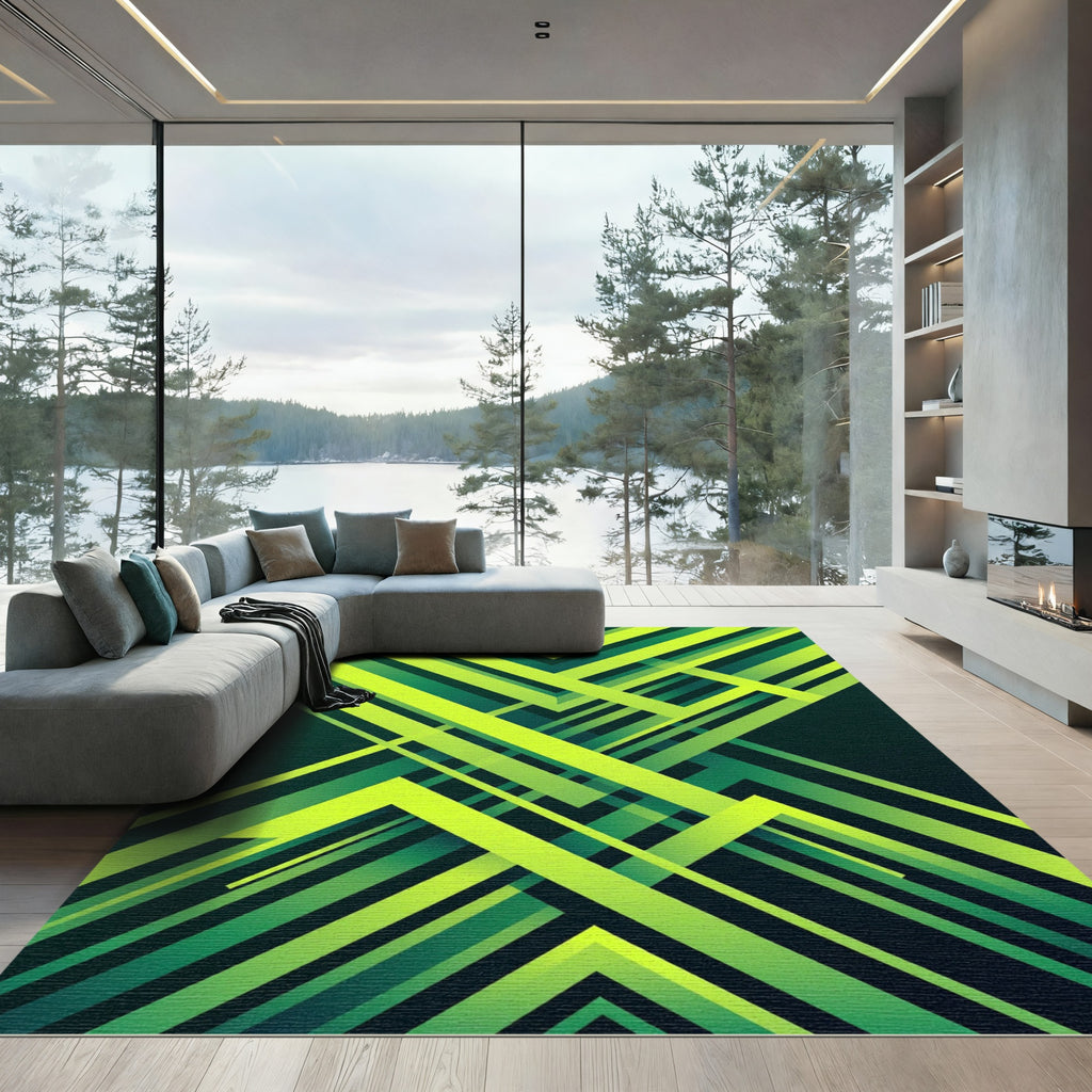 Neon Lime Abstract Geometric Angular Lines Rug