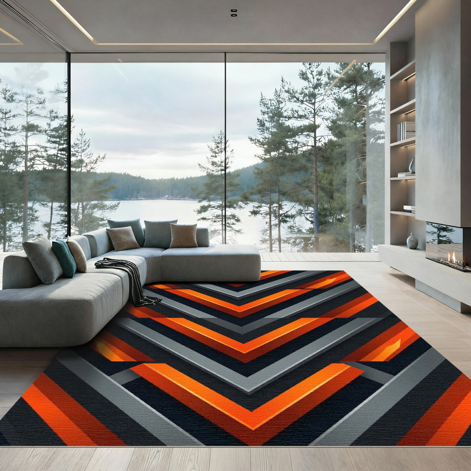 Bold Geometric Orange and Charcoal Chevron Rug