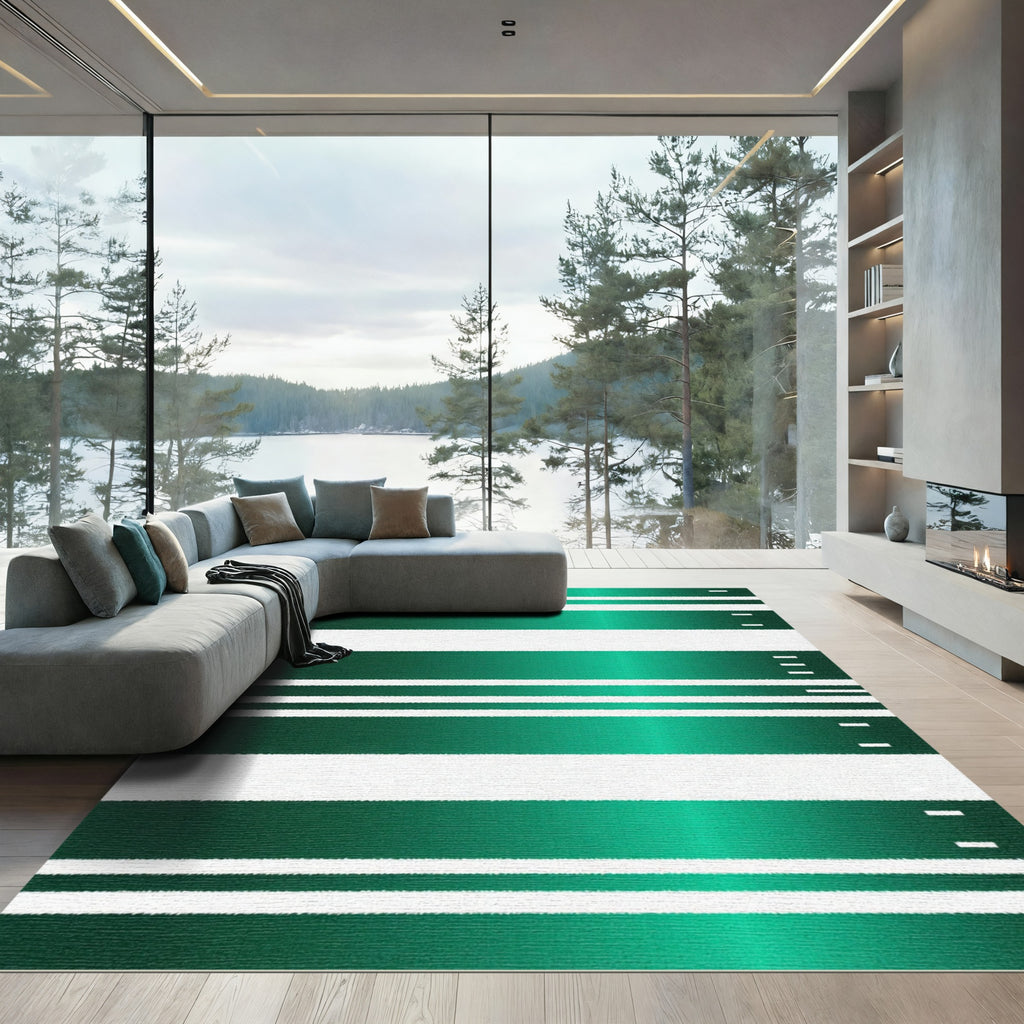 Modern Emerald Green and White Striped Rug