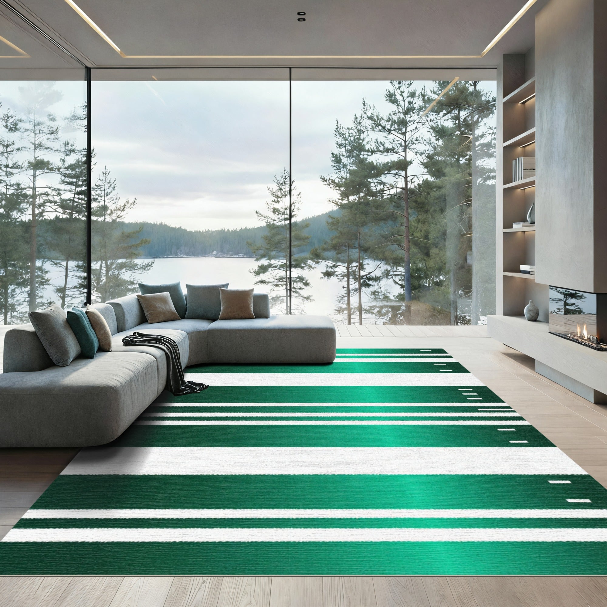 Modern Emerald Green and White Striped Rug